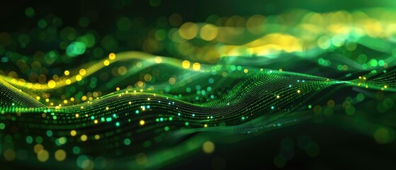 Canvas Print - abstract futuristic background featuring green and yellow glowing neon wave lines and bokeh lights, 