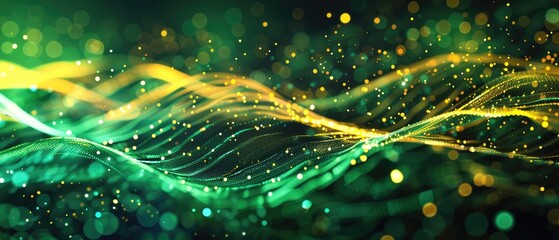 Canvas Print - futuristic background with green and yellow glowing neon moving high speed wave lines and bokeh ligh