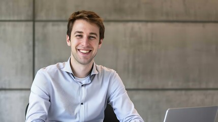Aufkleber - Portrait business and man with a laptop smile and connection with website information advertising agency and career Face happy male person or ad agent with a pc digital planning and co : Generative AI