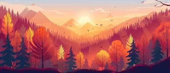 Wall Mural - mixed forest in autumn season takes center stage in this stunning landscape vector illustration ideal for autumn-themed and nature-inspired designs