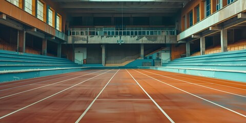 Wall Mural - Deserted professional running track in a stadium. Concept Sports Photography, Abandoned Places, Urban Exploration, Athletic Facilities