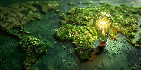 Wall Mural - light bulb on green world map symbolizing renewable energy. concept renewable energy, light bulb, gr