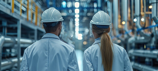 Poster - Engineers in white coats working at factory. Generative AI.