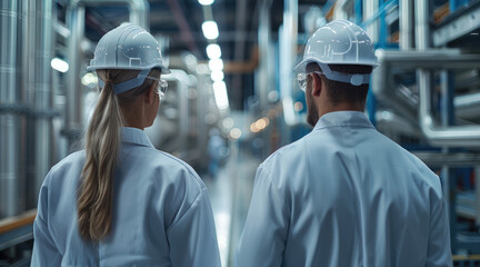Poster - Engineers in white coats working at factory. Generative AI.