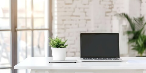 Wall Mural - White desk with laptop in modern loft office setting. Concept Modern Workspace, White Desk, Laptop, Loft Office, Minimalist Design