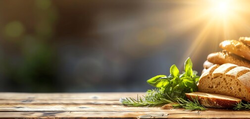 Wall Mural - A wooden table with a loaf of bread and some green herbs on top