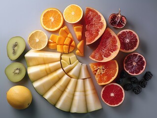 Poster - A healthy fruits cut and arranged in the shape of pie chart on grey background. Generative AI.