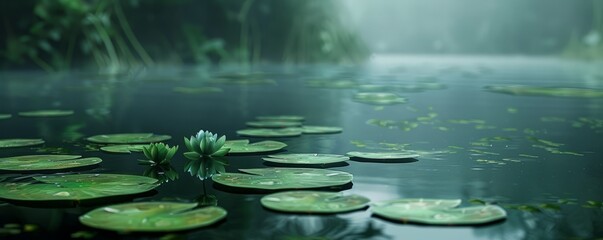 Wall Mural - Graceful lily pads floating on a calm pond, 4K hyperrealistic photo