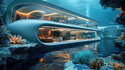 Canvas Print - Underwater futuristic house with large glass windows, modern interior design, surrounded by coral reefs and marine life, ambient lighting, highly detailed. Generative AI.