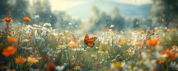 Wall Mural - A tranquil meadow filled with wildflowers, where butterflies flit and bees buzz among the fragrant blossoms.