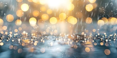 Wall Mural - Creating a dreamy scene Gentle raindrops on a table with blurred lights. Concept Dreamy Photography, Raindrops, Table Setting, Blurred Lights, Ambient Atmosphere