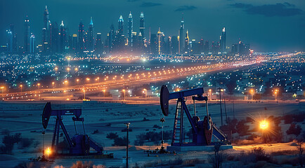 Aufkleber - A realistic night view featuring the backdrop of modern building city, with its iconic skyline illuminated by city lights. The focus is on several oil pumps in the foreground. Generative AI.