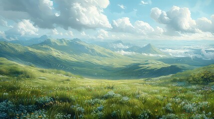 Beautiful fantasy landscape with mountain lake and blue sky nature background