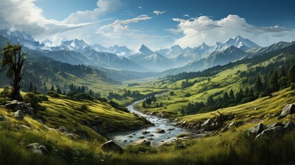 Beautiful fantasy landscape with mountain lake and blue sky nature background