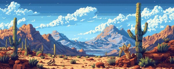 Poster - A pixel art rendition of a tranquil desert landscape with towering cacti, a shimmering mirage in the distance, and a lone cactus skeleton in the foreground.