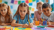 © visoot - Elementary students working on a collaborative art project, sharing materials and ideas, the creative process. Generative AI.
