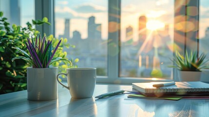 Poster - White office desk, green plants, city view through window, minimalist design, bright colors, coffee cup, pens and stationery neatly arranged, sunlight. Generative AI.