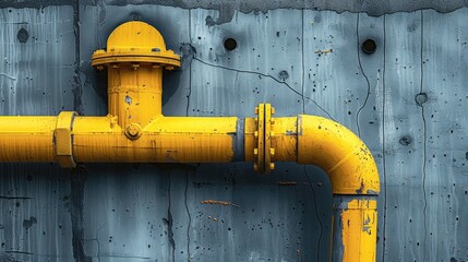 Poster - Emphasize the architectural nuance of a new small yellow water pipe on a gray concrete wall corner, contributing to the textured background of the building facade. Generative AI.