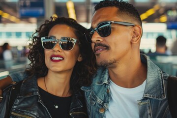 Poster - Portrait of a satisfied multicultural couple in their 30s wearing a trendy sunglasses on busy airport terminal