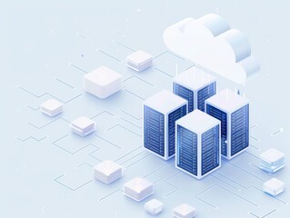 Fototapete - 3D illustration of cloud computing technology, data servers, and network connections on a light blue background. Digital data storage concept.