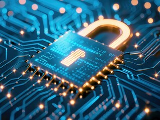Poster - A glowing lock icon integrated into a blue circuit board symbolizes cybersecurity and data protection in the digital world.