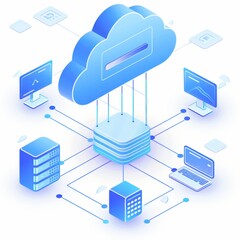Fototapete - A modern cloud computing concept with interconnected devices, servers, and data storage representing networked technology solutions.