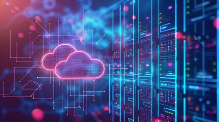 Fototapete - A vibrant digital scene illustrating cloud computing with neon cloud icons and server rigs, highlighting data technology and network infrastructure.