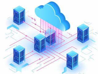 Fototapete - A vibrant illustration of cloud computing technology showcasing digital data exchange between servers and a cloud network.