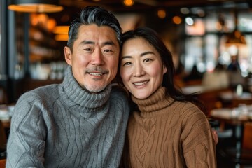 Wall Mural - Portrait of a happy asian couple in their 30s wearing a classic turtleneck sweater in front of bustling city cafe
