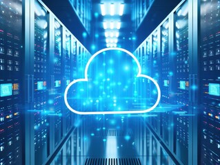 Fototapete - Blue illuminated cloud icon surrounded by digital sparks in a modern data center hallway, representing cloud computing and data storage.