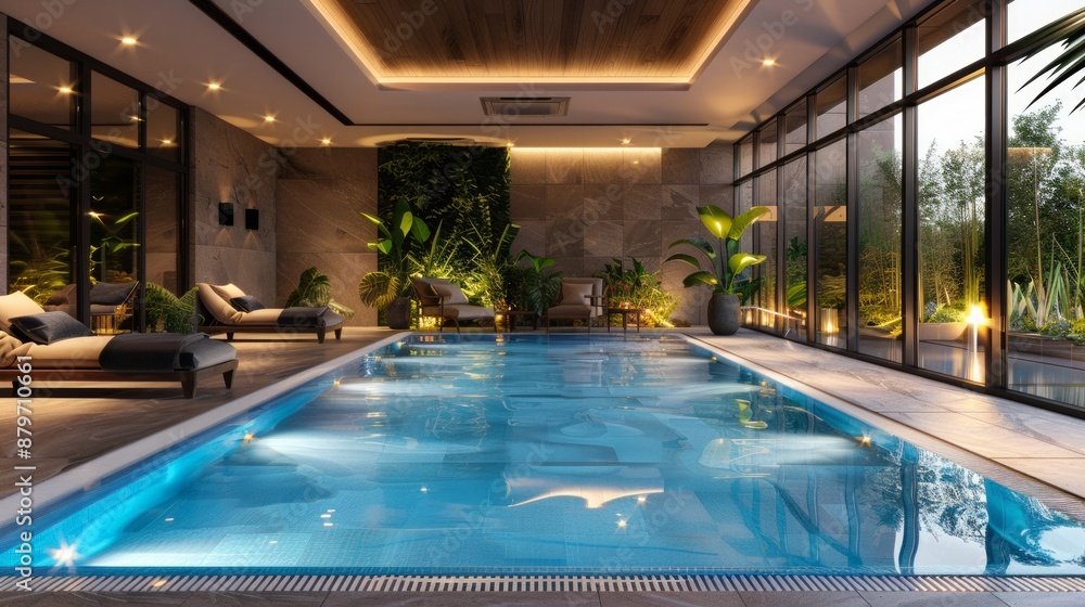 Luxurious indoor swimming pool with plants and large windows Stock ...