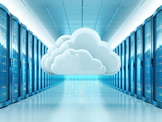 Fototapete - Cloud computing technology in a data center with server racks. Futuristic digital innovation and storage solution concept.