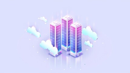 Fototapete - Colorful server towers in a cloud computing concept, representing data storage, digital technology, and futuristic network solutions.