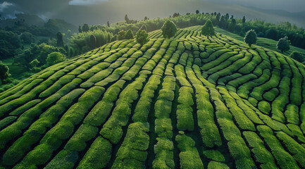 Wall Mural - Tea plantation, aerial view. Generative AI.