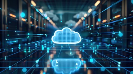 Fototapete - Futuristic cloud computing network concept in a data center with glowing blue light and digital connections representing digital innovation.