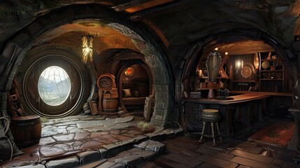 Wall Mural - Hobbit Architecture. AI generated art illustration.