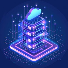 Fototapete - Futuristic cloud computing concept with glowing servers and network connections, representing data storage and technology.