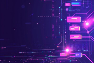 Leinwandbilder - Futuristic technology background with glowing circuits and data nodes in purple and pink hues, representing digital communication and innovation.