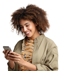 Wall Mural - PNG Positive curly haired ethnic woman uses mobile phone checks messages and reads news holds modern cellular in hands smile adult white background.