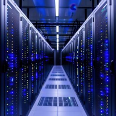 Leinwandbilder - Modern data center with glowing blue lights on server racks representing technology, networking, and data processing capabilities.