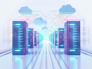Leinwandbilder - Modern data center with rows of server racks, cloud computing symbols, and blue lighting representing digital storage and technology.