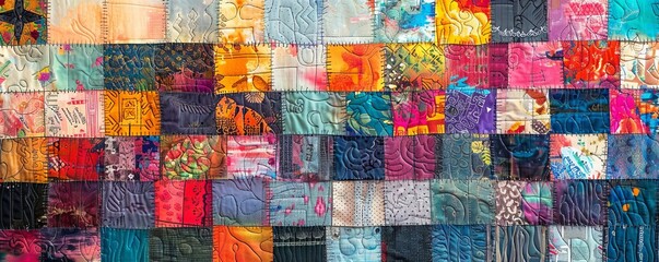 Wall Mural - A patchwork quilt made up of scraps of fabric, each piece telling a story and adding to the overall beauty of the quilt.