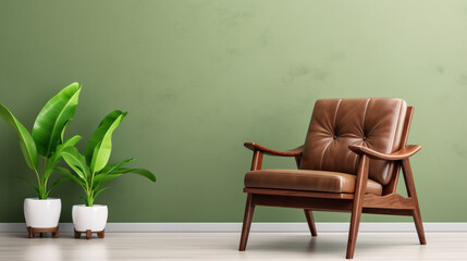 Retro brown leather armchair and two potted banana trees in white pots against a sage green wall with copy space.