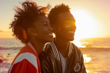 Wall Mural - Portrait of a grinning afro-american couple in their 20s sporting a stylish varsity jacket while standing against beautiful beach sunset