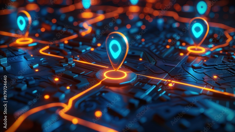 Digital map interface with glowing location pins and routes ...