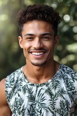 Wall Mural - Portrait of handsome happy smiling young Latino male model, shirtless, muscular, people in nature, background