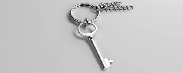 Isolated white metal keychain on white background mockup, 4K hyperrealistic photo