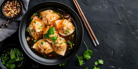 Poster - Delicious Chinese Wonton Soup with Pork or Chicken Dumplings in a Flavorful Broth. Concept Chinese Food, Wonton Soup, Dumplings, Flavorful Broth, Pork or Chicken