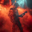 © MICHAEL KUK - Male Guitarist At A Concert. Illustration On The Theme Of Lifestyle, Concerts, Music And Emotions. Musician Playing Music In Red Mystical Fog. Generative AI