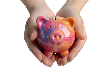 Two hands gently cradling a colorful piggy bank. A symbol of savings, financial security, and childhood.